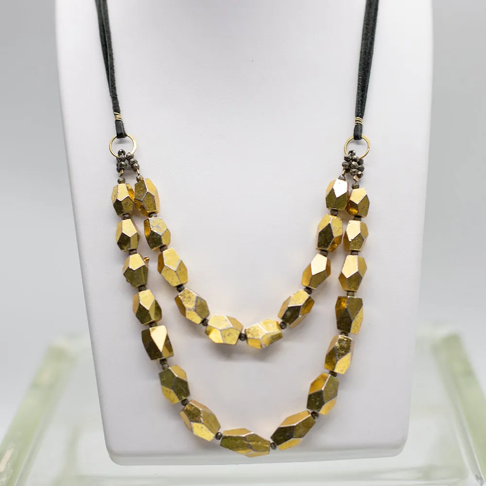 Gold Pyrite Double Faceted Suede Necklace