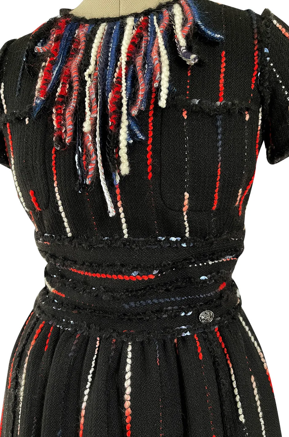 Iconic Fall 2010 Chanel by Karl Lagerfeld Look 21 Runway Black Knit Boucle Dress w Fringe Detailing