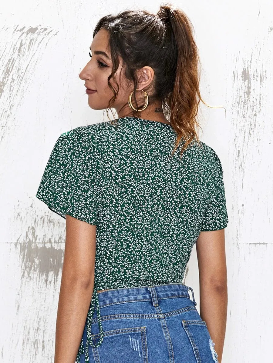 New SHEIN Ditsy Floral Self-Tie Surplice Wrap Top, Dark Green, sz L